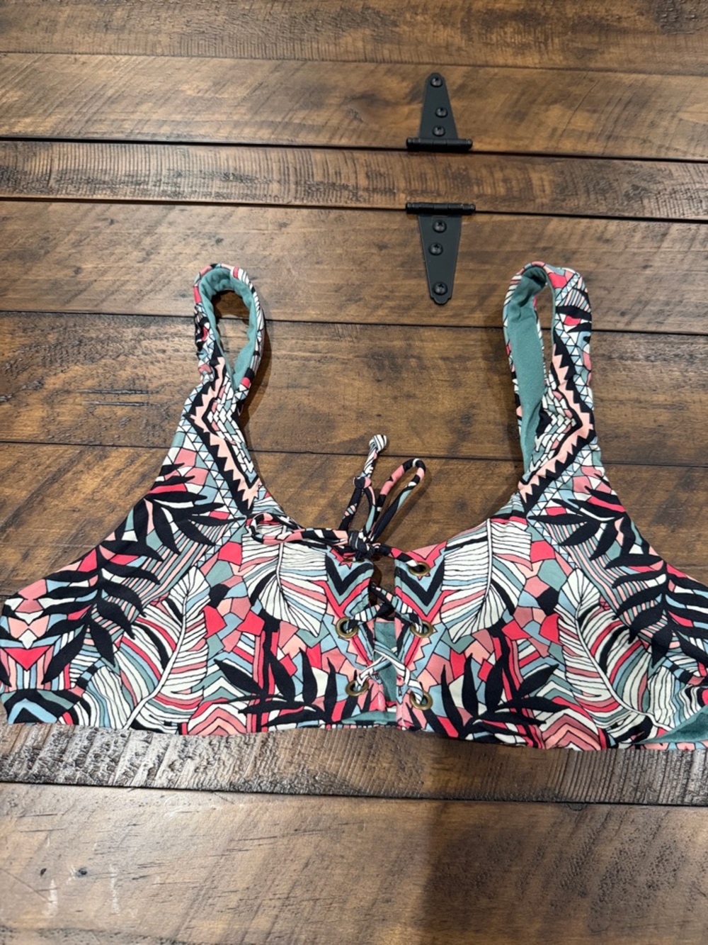Billabong Multicolor Floral Lace-Up Bikini Top - Black, Pink, Teal, White